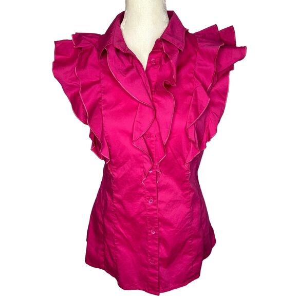 Escada Tops - ESCADA Hot Pink Ruffle Button Down Sleeveless Structured Blouse Size 38 / Medium